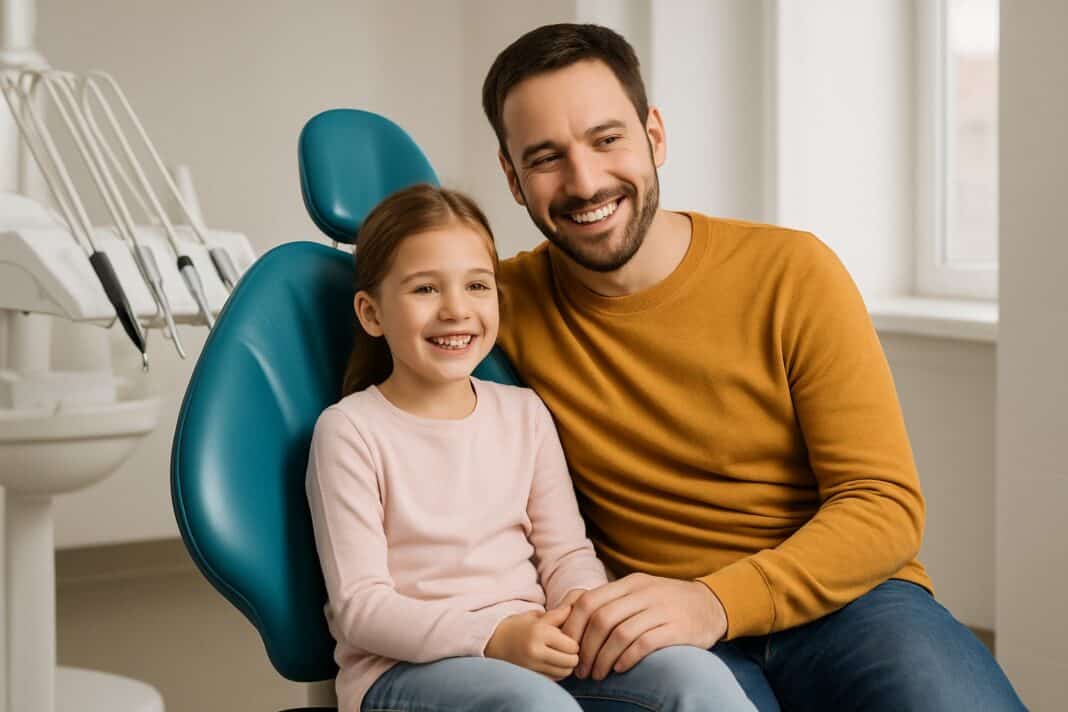 Lächeln trotz Zahnarzt – Papa und Tochter beim Check-up ganz entspannt