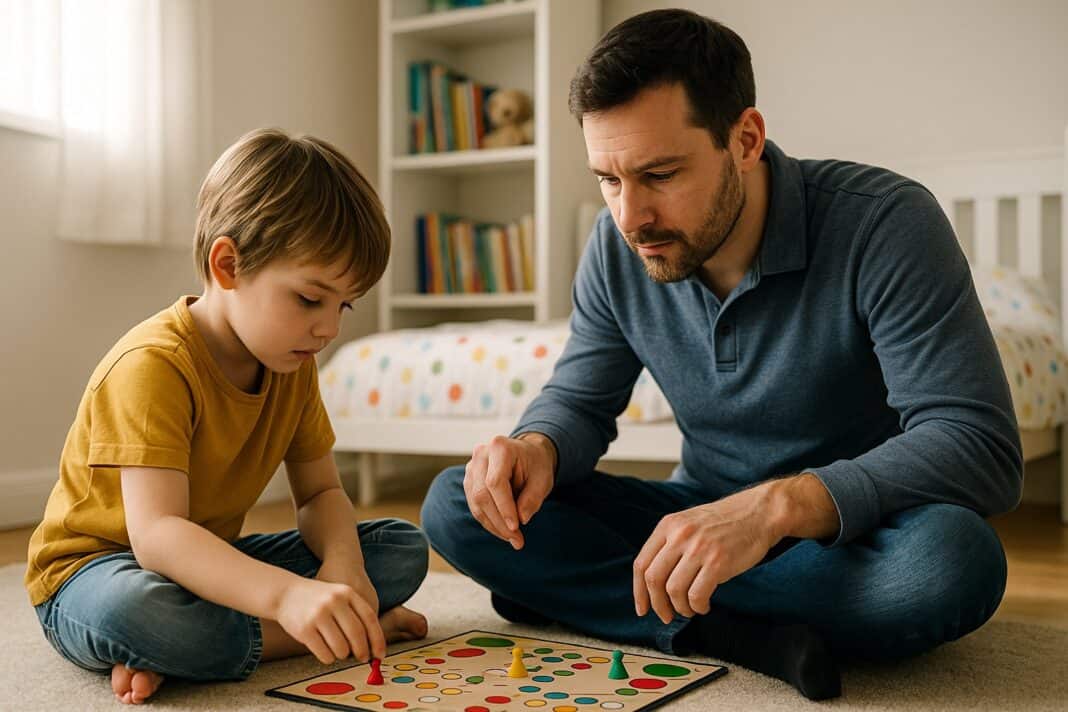 Konzentration auf dem Spielbrett – Papa und Kind mitten im Spielmoment