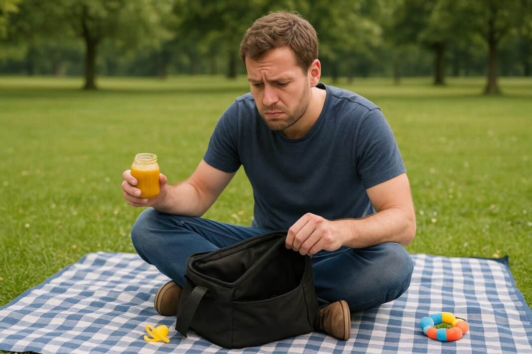 Der Blick in die Wickeltasche, der alles veränderte – Papas Brei-Desaster im Park.