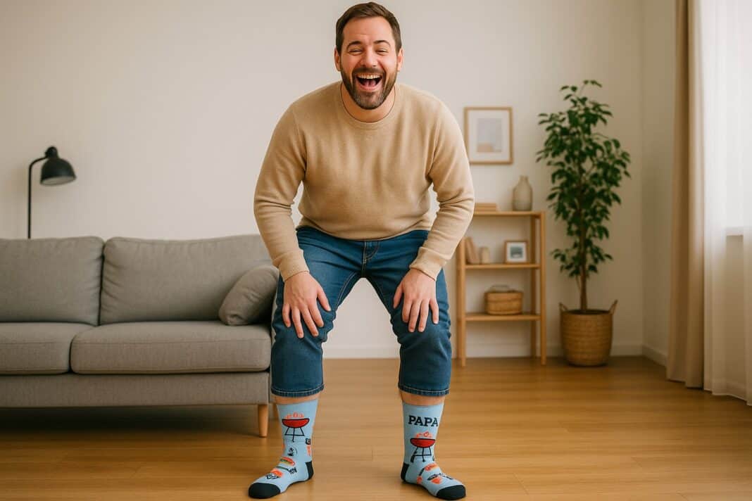 Grill auf den Socken, Lächeln im Gesicht – Papa in Bestform