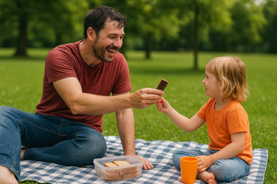 Picknick-Verhandlung: Papa mit Butterbrot, Kind mit klarer Kuchen-Mission